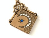 Vintage Crescent Moon and Star Locket Necklace, Victorian Gold Filled Moon Locket Necklace, Crescent Moon Victorian Locket Fob