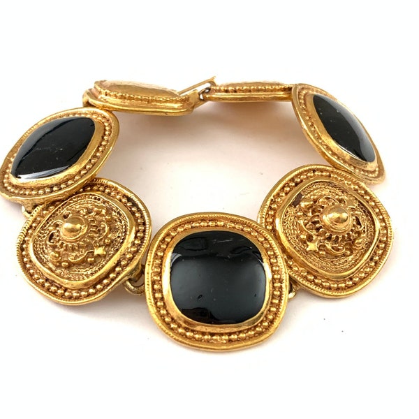 Vintage Gold Tone Black Enamel Medallion Etruscan Revival Bracelet, Wide Chunky Black and Gold Chain Bracelet