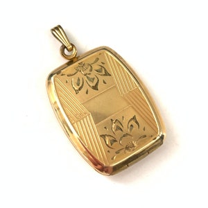 Vintage Beveled Edge Gold Filled Rectangle Locket, Antique Art Deco Locket, Etched Rectangle Photo Locket Pendant, Keepsake Jewelry