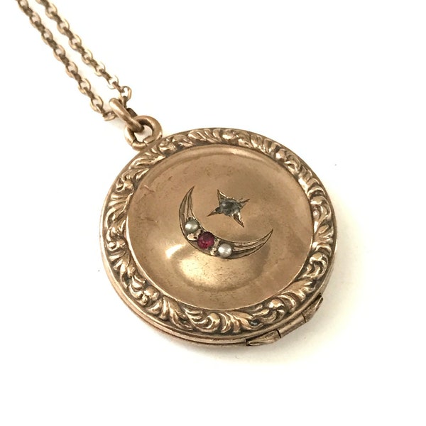 Beautiful Seed Pearl Victorian Crescent Moon and Star Locket Necklace