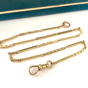 Vintage 14 7/8&quot; Gold Filled Hayseed and Bar Link Pocket Watch Chain Necklace, Art Deco Watch Chain Necklace Front Clasps
