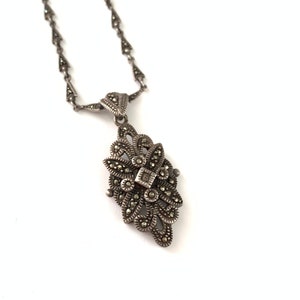 Vintage Deco Silver Marcasite Necklace, Marcasite Necklace, Deco Style Drop Necklace, Wedding Necklace