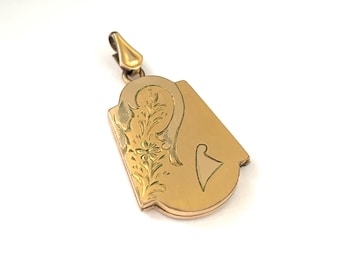 Medallón grabado floral art déco geométrico vintage, medallón fotográfico relleno de oro de forma única, colgante de recuerdo, regalo para mamá