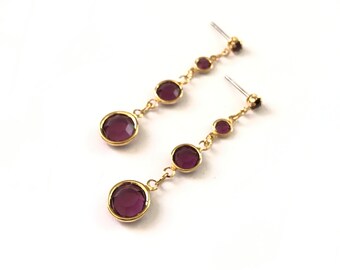 Vintage Gold Plated Purple Crystal Bezel Glass Dangle Earrings
