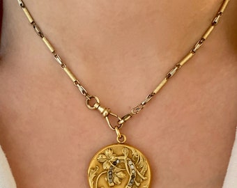 Vintage 15&quot; SIMMONS Art Deco Bar Link Watch Chain or Necklace, Two Tone 14k Gold filled Decorative Link Pocket Watch Chain