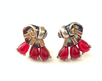 Beautiful Vintage Enamel Clip Earrings with Red Teardrop Cabochon // Vintage 1940s Clip On Earrings // Red Blue Gold Clip On Earrings