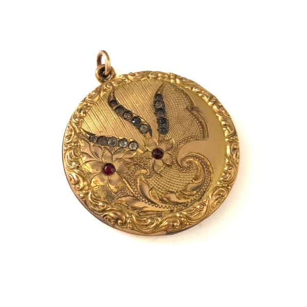 Beautiful Antique Edwardian Floral Etched Paste Locket, R.B.M Atrice Gold Filled Locket Pendant, Photo Locket