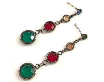 Vintage Dainty Multi Color Bezel Dangle Drop Earrings Red Green Citrine