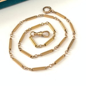 Vintage 16&quot; Yellow Gold Filled Pocket Watch Chain Necklace, Smooth Bar Link Pocket Watch Chain Necklace, Dog Clip Swivel Clasp