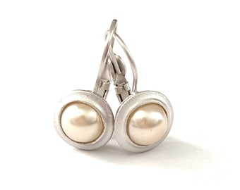 Matte Silver Plated Vintage Faux Pearl Lever Back Earrings