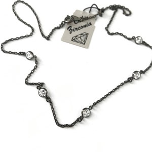 Vintage Gunmetal CZ Station Necklace, Cubic Zirconia Dainty Minimal Necklace, Black CZ Crystal Necklace