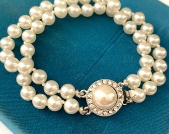 pearl link bracelet antique style slides rhinestone pearls blue glass