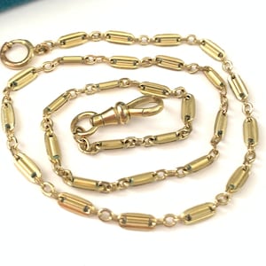 Vintage 15 3/8 Art Deco Bar Link Green Gold Filled Watch Chain, Antique Watch Chain Necklace Dog Clip Charm Holder Clasp, Grooms Gift  AS IS