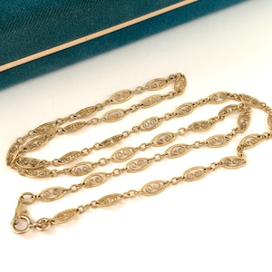 Vintage 18&quot; Art Deco Style Gold Filled Filigree Link Necklace, Antique Decorative French Style Link Necklace