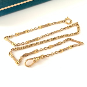 Vintage 16 3/8&quot; 12k Gold Filled Engraved Link Watch Chain Necklace, Antique Fancy Bar Link Watch Chain, Layering Chain, Dog Clip Clasp