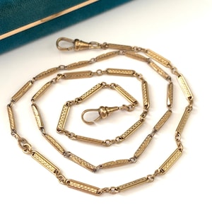 Vintage 21 7/8&quot; Fancy Bar link Pocket Watch Chain Necklace, Antique Rolled Gold Plated Checkered Link Watch Chain Necklace Dog Clip Clasps