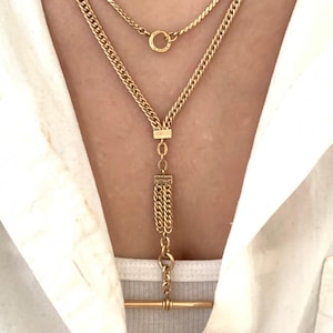 Antique Victorian 18&quot; Gold Filled Double Albert Watch Chain Necklace, Vintage Watch Chain Necklace with Dog Clip Clasp and T Bar