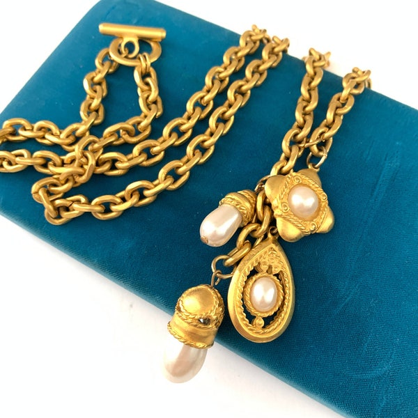 Vintage Greek Roman Mogul Revival Charm 32" Necklace // Vintage 32" Chunky 80s Charm Necklace