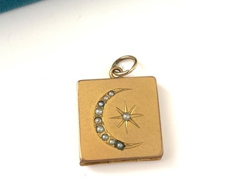 Vintage Victorian Crescent Moon and Star Seed Pearl Locket, Gold Filled Celestial Locket, Moon Star Locket, Keepsake Pendant, Gift for Her