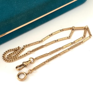 Vintage 17&quot; Art Deco Bar Link Gold Filled Watch Chain Necklace, Antique Watch Chain Necklace Dog Clip Charm Holder Clasp, Grooms Gift