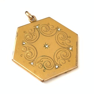 Large Antique Etched Filigree Gold Filled Celestial Deco Paste Locket, Vintage Victorian Star Night Sky Celestial Keepsake Pendant