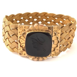 Gorgeous Vintage Gold Filled Carved Roman Intaglio Fob Bracelet, Victorian Style Woven Mesh Gold Filled Intaglio Bracelet