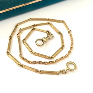 Vintage 1/10 14k GF Art Deco 17.5&quot; Gold Filled Watch Chain Necklace, Antique Decorative Etched Bar Link Watch Chain, Charm Holder Clasp
