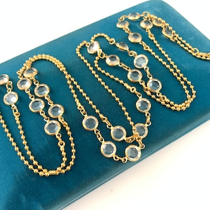 Vintage Plated Gold Clear Bezel Station Necklace On Ball Chain, Ball Chain Bezel Necklace