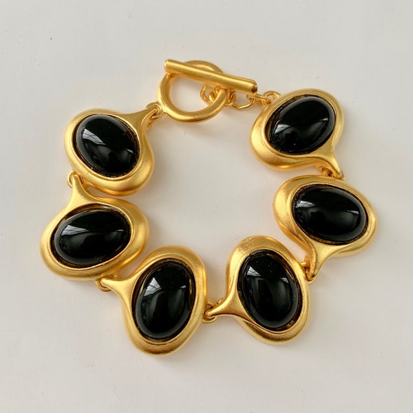 Stunning Vintage Etruscan Style Gold Plated Black Cabochon Linked Bracelet