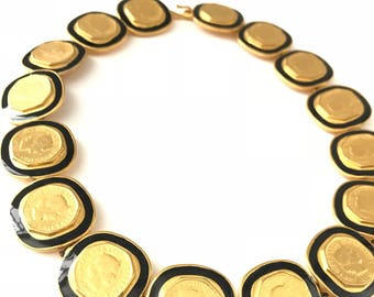 Gorgeous Vintage Gold Plated Enamel Coin Statement Necklace