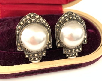 Art Deco Inspired Sterling Silver Marcasite and Pearl Earrings, Statement Earrings, Marcasite Earrings
