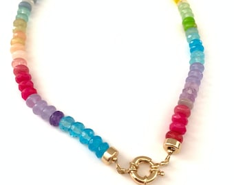 Gorgeous Rainbow Gemstone Beaded Necklace, Colorful Stacked Gemstone Necklace, Ombre Rainbow Gemstone Beaded Necklace