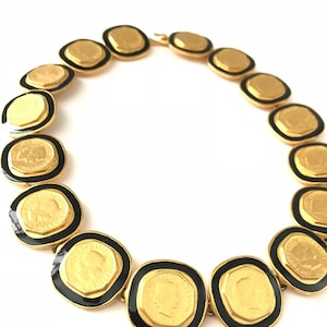 Gorgeous Vintage Gold Plated Enamel Coin Statement Necklace