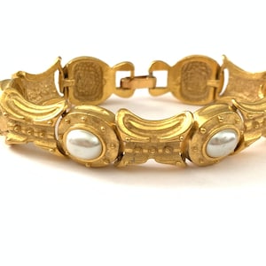 Vintage Etruscan Inspired Granulated Link Faux Pearl Chain Link Bracelet