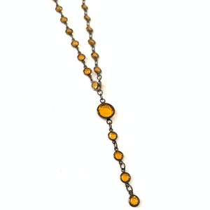 Beautiful Vintage Orange Open Back Bezel Crystal Y Lariat Style Necklace Hematite Plated Chain