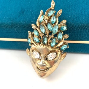 Vintage REJA Gold Plated Aqua Blue Rhinestone Face or mask brooch, Face Figural Brooch, Reja Brooch Pin image 1