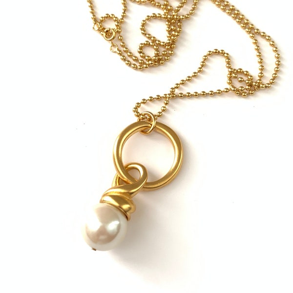 Vintage Plated Gold Jumbo Gum ball Faux Pearl necklace on beaded Ball Chain, Faux Pearl long slide necklace