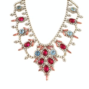 Vintage Rhinestone Bib Statement Necklace // Pink and Blue Rhinestone Crystal Bib Necklace // Husar D Signed