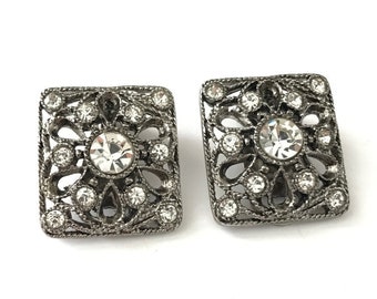 Vintage Victorian Gothic Inspired Silver and Clear Clip On Earrings