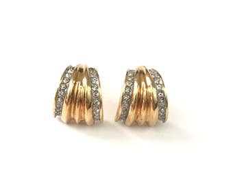 Vintage Gold Plated Pave Rhinestone Ribbed Fan Short Stud Earrings