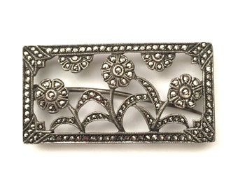 Antique Art Deco Sterling and Marcasite Brooch Pin