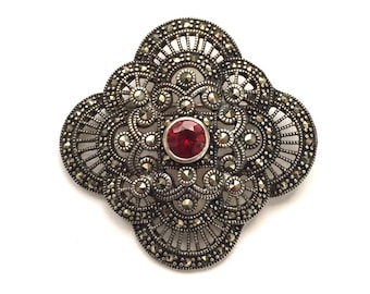 Gorgeous Sterling Silver Marcasite and Red Stone Brooch