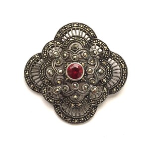Gorgeous Sterling Silver Marcasite and Red Stone Brooch
