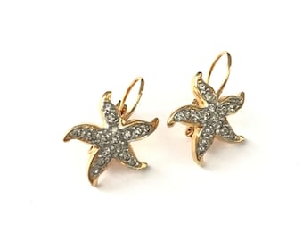 Vintage Gold Plated Rhinestone Starfish Lever Back Earrings
