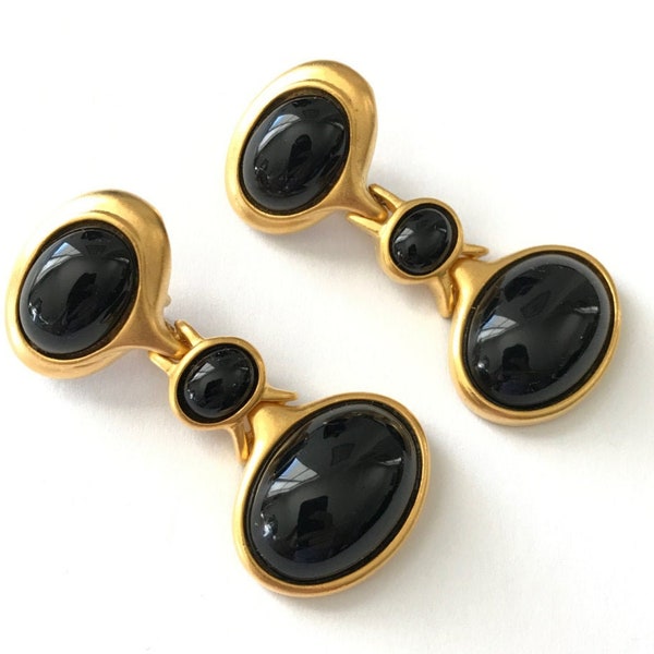 Vintage Chunky Statement Black and Gold Clip Earrings // Vintage Long Tiered Chunky Bold Earrings