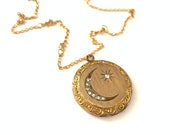Vintage Antique Victorian Crescent Moon Star Locket Necklace Vintage Gold Filled Locket with Moon Stars