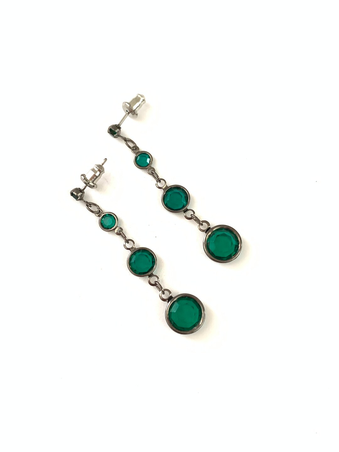 Vintage Gun Metal Green Open Back Bezel Dangle Drop Earrings Etsy