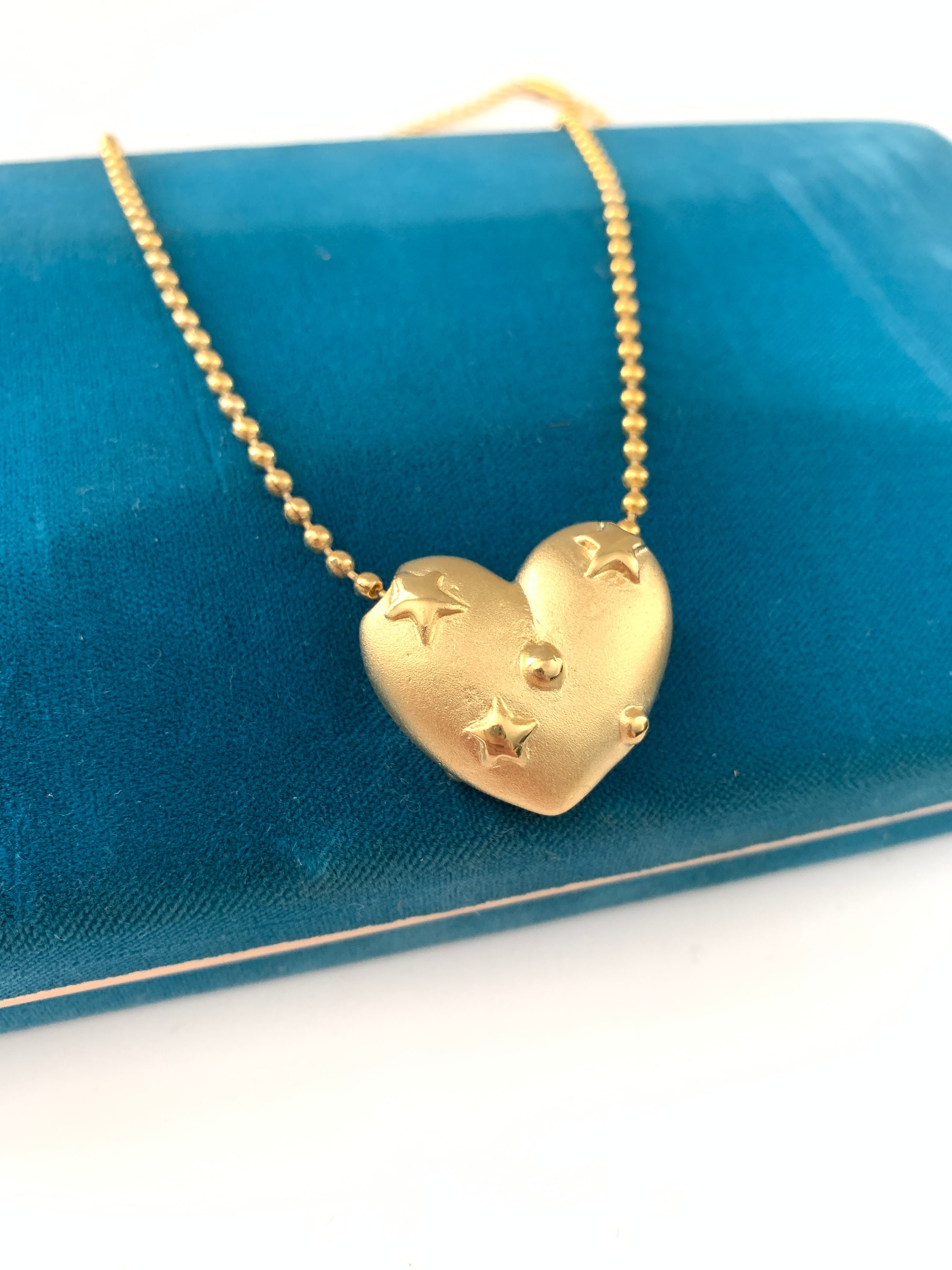 Vintage Brushed Gold Chunky Gold Heart Necklace, Puffy Gold