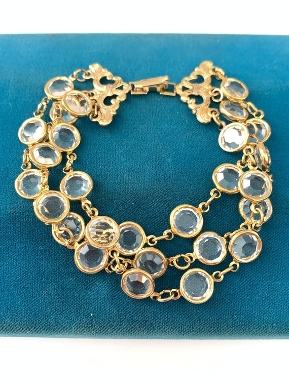 Vintage Plated Gold Clear Glass Bezel Bracelet, T… - image 1