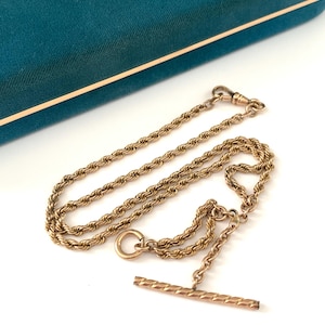Vintage 15 3/8 Gold Filled Double Albert Watch Chain Necklace with T bar, Victorian Rope Chain Watch Chain Necklace, Grooms Gift